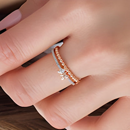 0.1 CT. TW Diamond and Beaded Butterfly Stacked Ring in 10K Rose Gold