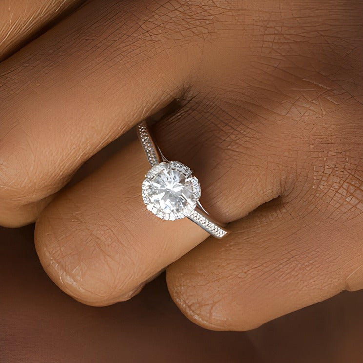 6.0mm Lab-Created White Sapphire and 0.1 CT. TW Diamond Frame Engagement Ring in 10K White Gold