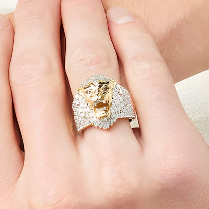 1.5 CT. TW Baguette and Round Diamond with Lab-Created Ruby Lion's Head Ring in 10K Gold