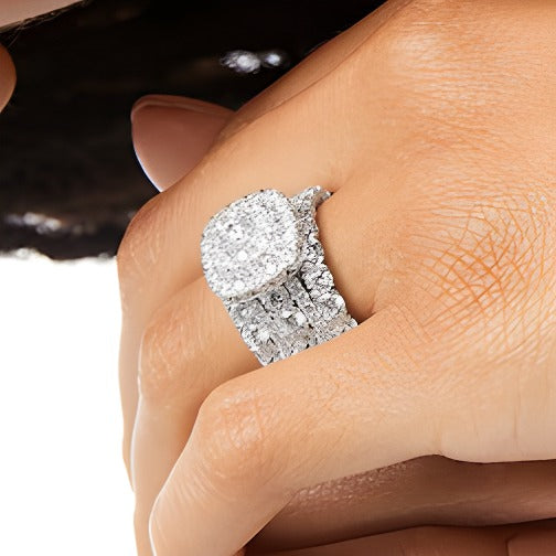 5.0 CT. TW Diamond Cushion-Shaped Frame Multi-Row Three Piece Bridal Set in 14K White Gold (I/I2)
