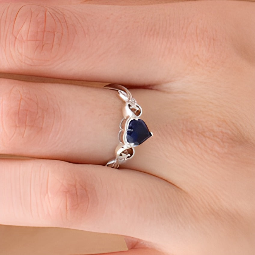 5.0mm Heart-Shaped Lab-Created Blue Sapphire and Diamond Accent Vintage-Style Filigree Ring in 10K White Gold
