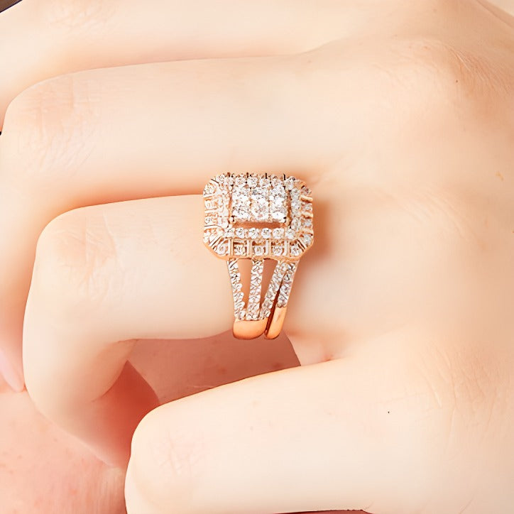 1.0 CT. TW Emerald Multi-Diamond Triple Row Split Shank Bridal Set in 10K Rose Gold