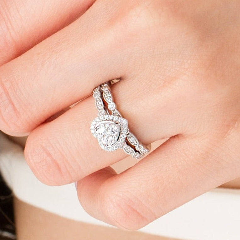 0.5 CT. TW Multi-Diamond Heart Frame Alternating Marquise Vintage-Style Bridal Set in 10K White Gold