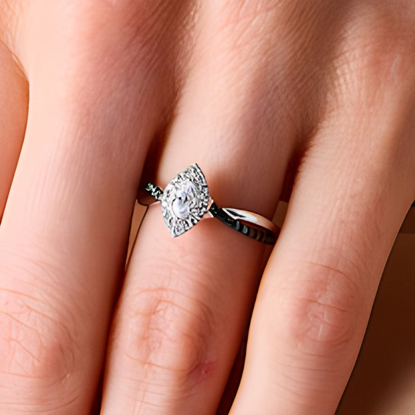 0.5 CT. TW Marquise-Cut Black and White Diamond Frame Crossover Shank Engagement Ring in 14K White Gold