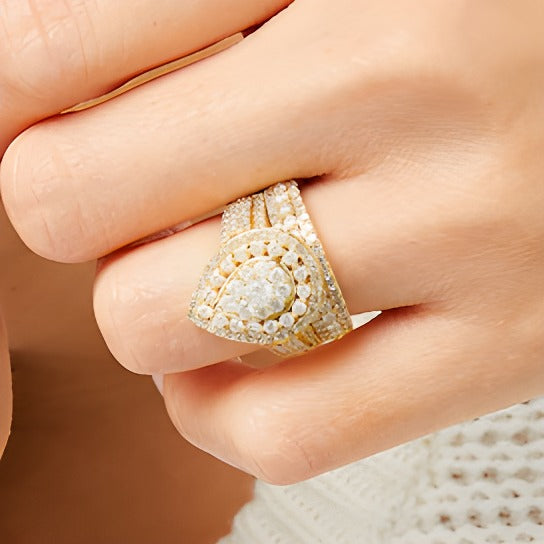 2.0 CT. TW Pear Multi-Diamond Teardrop Frame Multi-Row Bridal Set in 10K Gold