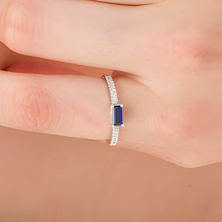 Sideways Baguette Lab-Created Blue Sapphire and 0.1 CT. TW Diamond Stackable Ring in 10K White Gold