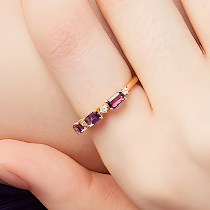 Sideways Emerald-Cut Amethyst and 0.07 CT. TW Diamond Alternating Three Stone Ring in 10K Gold