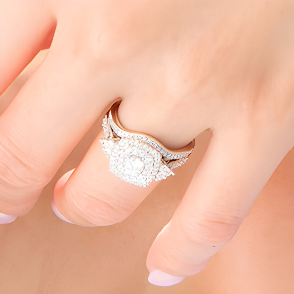 1.0 CT. TW Diamond Cushion Frame Tri-Sides Vintage-Style Bridal Set in 10K White Gold