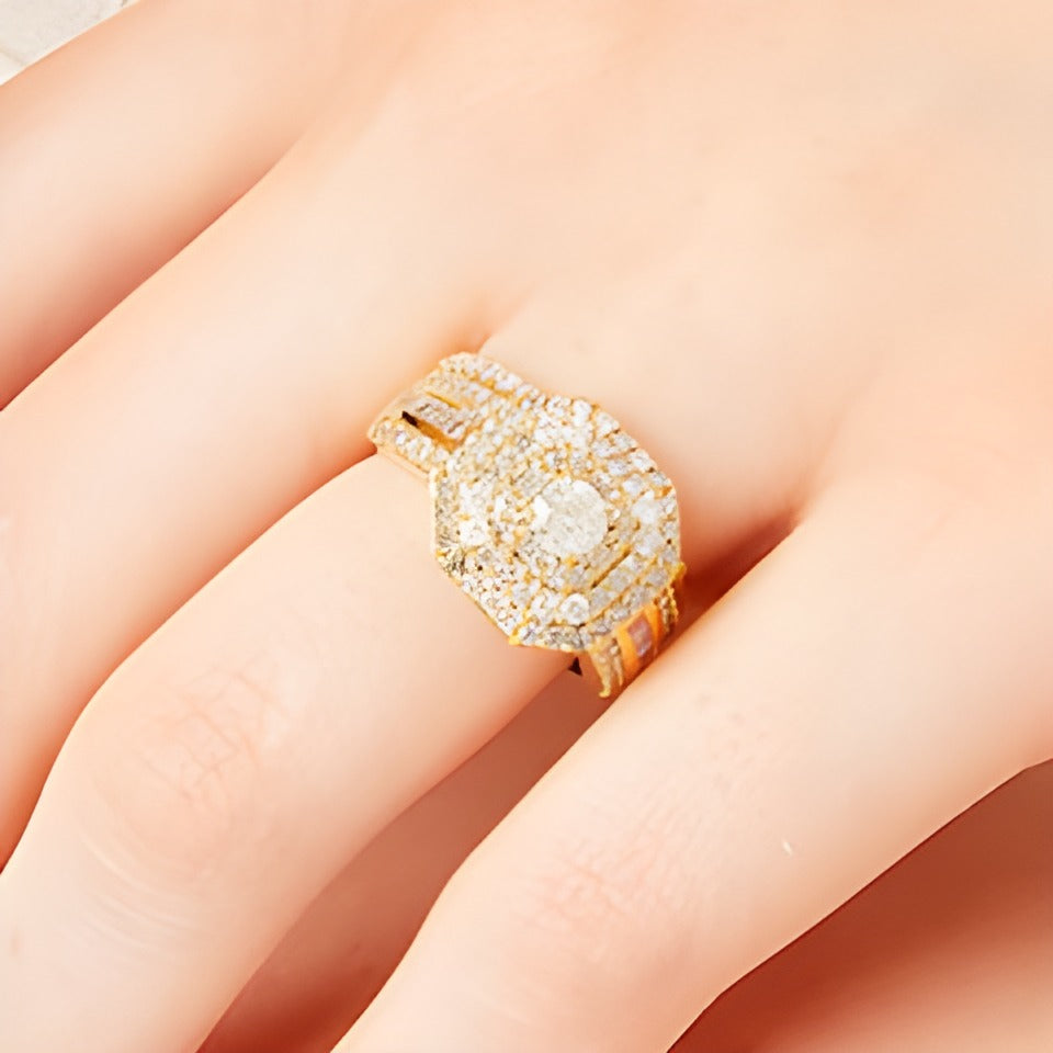 1.5 CT. TW Diamond Cushion Triple Row Octagon Frame Bridal Set in 10K Gold