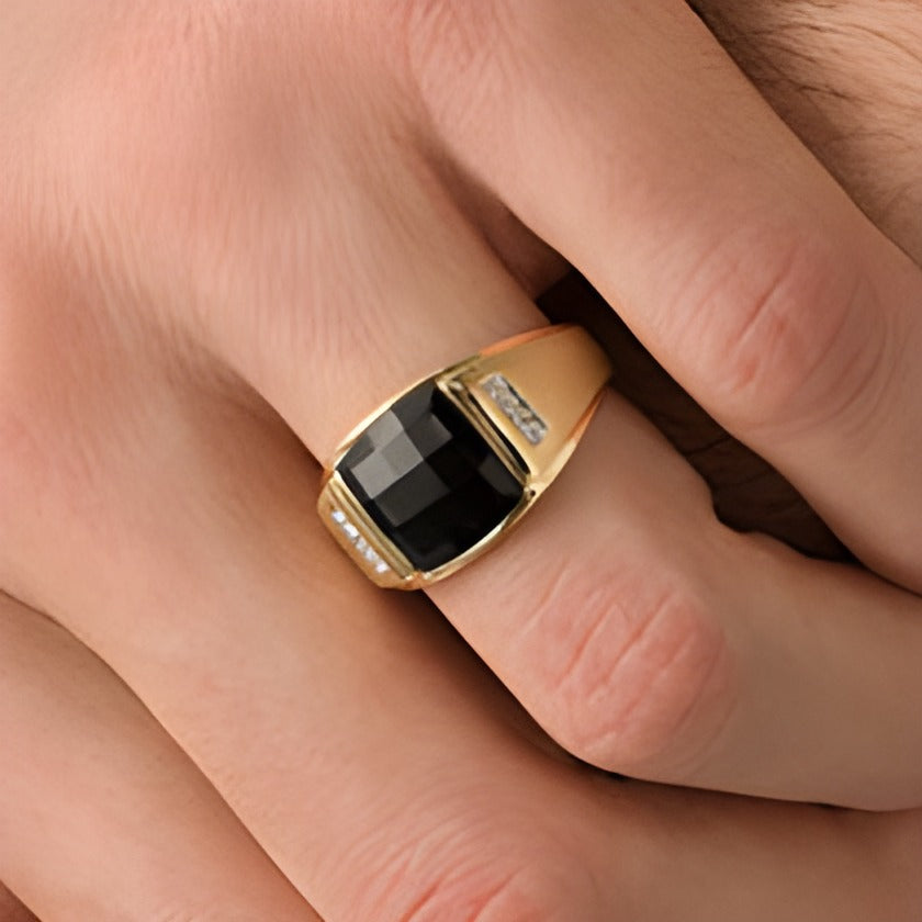 Rectangle Faceted Onyx and Diamond Accent Multi-Finish Ring in 10K Gold