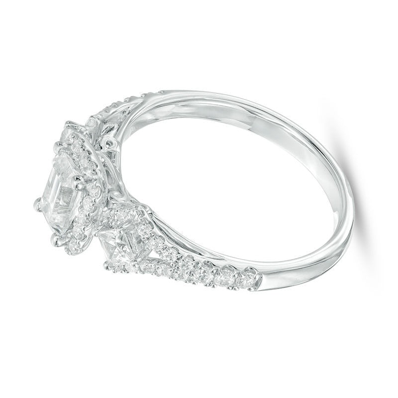 1.0 CT. TW Emerald-Cut Diamond Frame Past Present FutureÂ® Ornate Engagement Ring in 14K White Gold (I/I1)