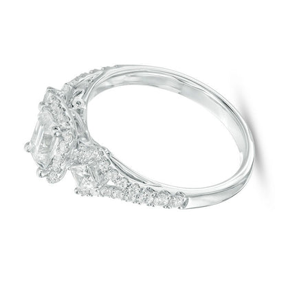 1.0 CT. TW Emerald-Cut Diamond Frame Past Present FutureÂ® Ornate Engagement Ring in 14K White Gold (I/I1)