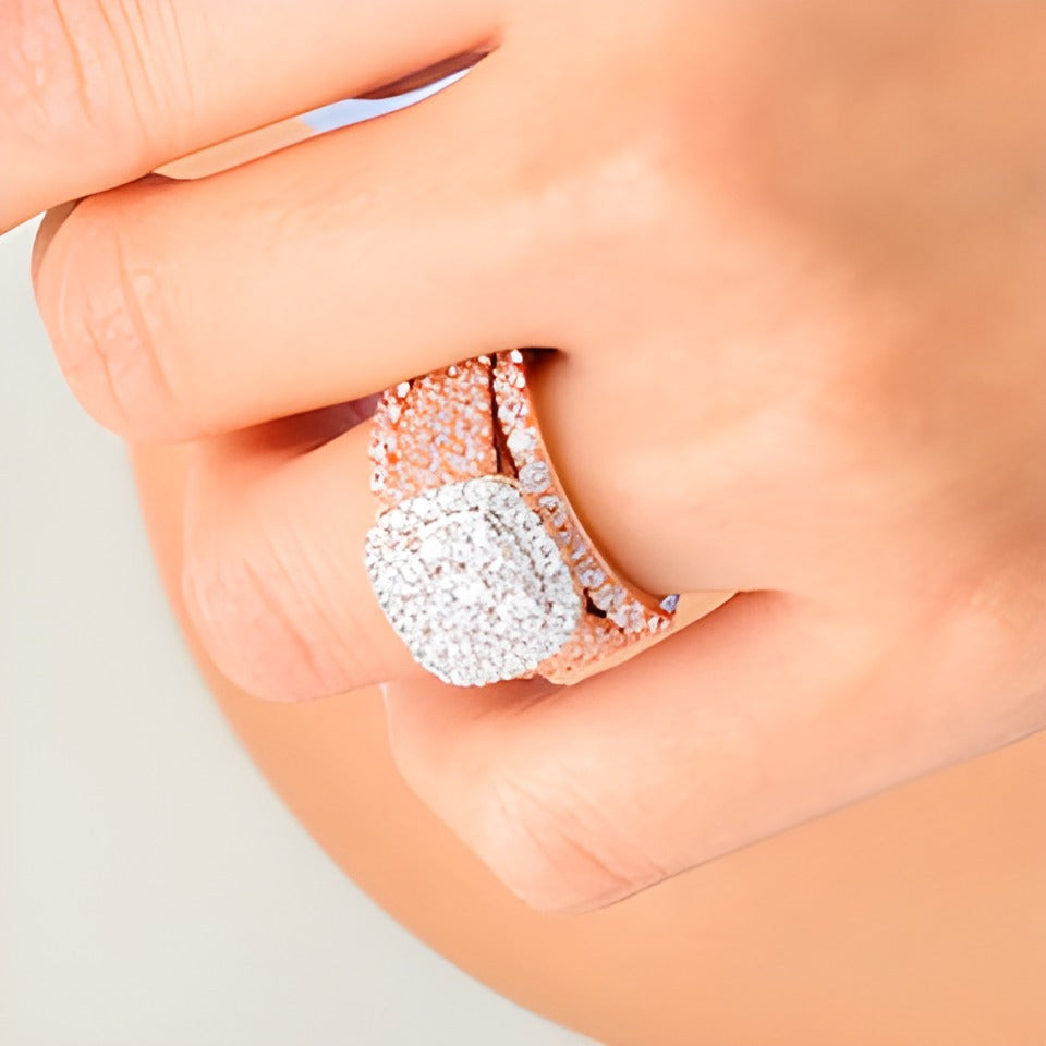 3.75 CT. TW Diamond Double Cushion Frame Multi-Row Three Piece Bridal Set in 10K Rose Gold