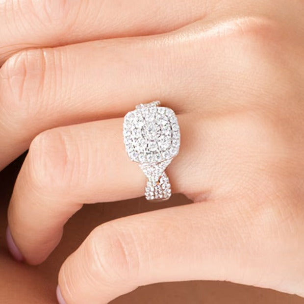 1.63 CT. TW Diamond Double Cushion Frame Twist Shank Engagement Ring in 10K White Gold