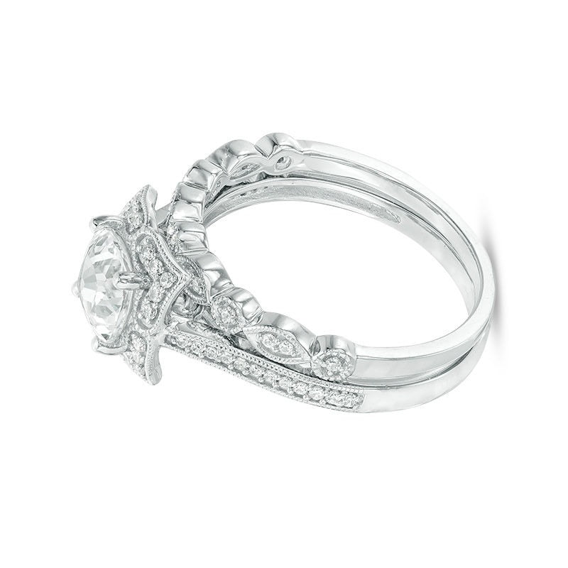 Cushion-Cut Lab-Created White Sapphire and 0.25 CT. TW Diamond Petal Frame Vintage-Style Bridal Set in Sterling Silver