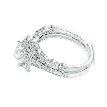 Cushion-Cut Lab-Created White Sapphire and 0.25 CT. TW Diamond Petal Frame Vintage-Style Bridal Set in Sterling Silver