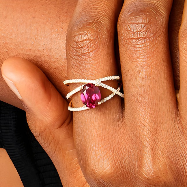 Oval Lab-Created Ruby and White Lab-Created Sapphire Orbit Ring in 10K Gold
