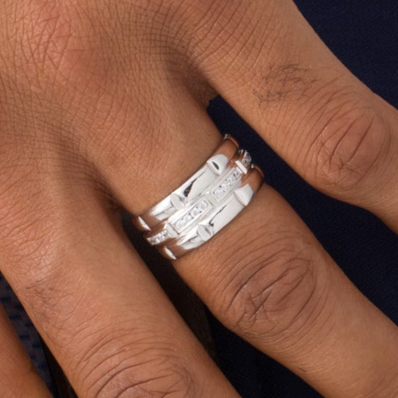 0.25 CT. TW Diamond Trio Station Brick Pattern Wedding Band in 10K White Gold