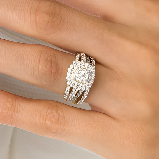 1.13 CT. TW Cushion-Shape Multi-Diamond Frame Split Shank Multi-Row Bridal Set in 10K Gold