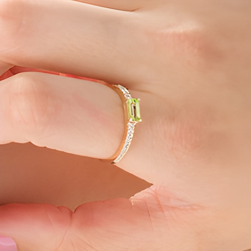 Sideways Baguette Peridot and 0.1 CT. TW Diamond Stackable Ring in 10K Gold