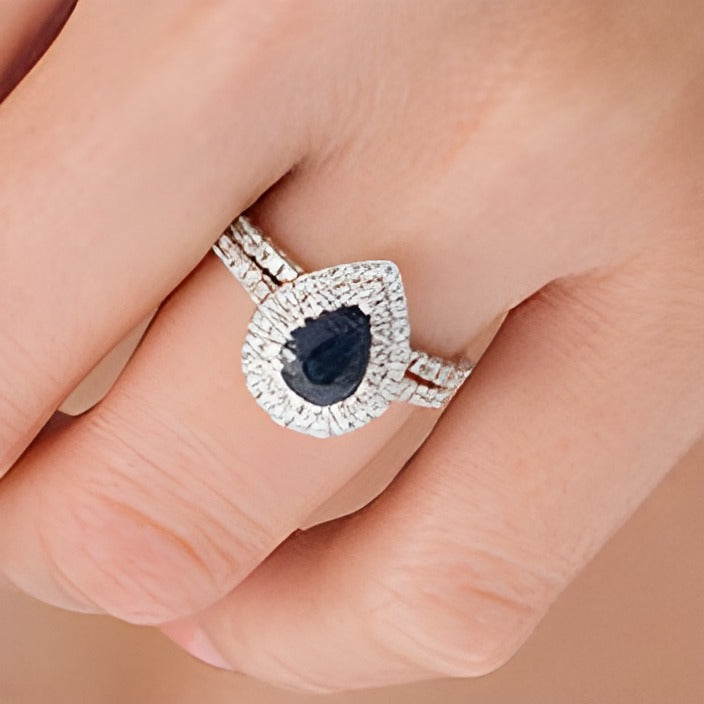 Pear-Shaped Blue Sapphire and 1.0 CT. TW Diamond Double Frame Bridal Set in 14K White Gold