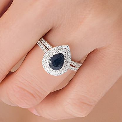 Pear-Shaped Blue Sapphire and 1.0 CT. TW Diamond Double Frame Bridal Set in 14K White Gold