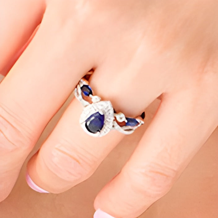 Pear-Shaped Lab-Created Blue and White Sapphire Double Frame Twist Shank Art Deco Bridal Set in Sterling Silver