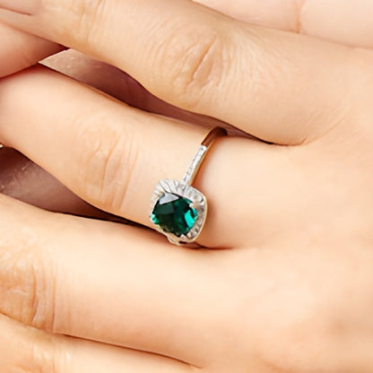 7.0mm Checkerboard Cushion-Shaped Lab-Created Emerald and 0.2 CT. TW Diamond Frame Ring in 10K White Gold