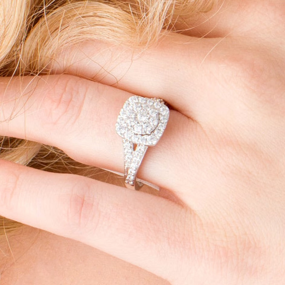 1.0 CT. TW Composite Diamond Double Cushion Frame Split Shank Engagement Ring in 10K White Gold