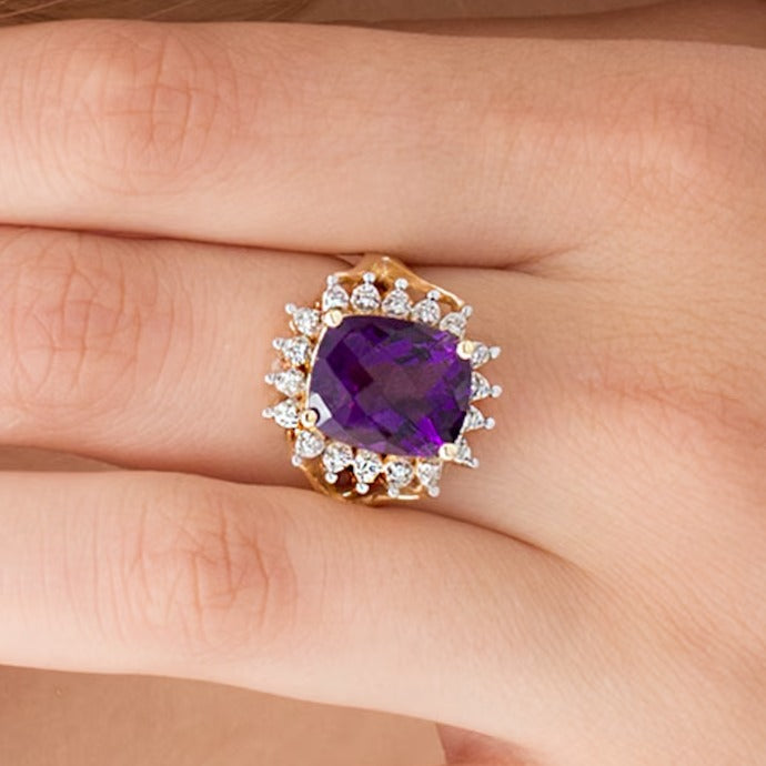 Cushion-Shaped Amethyst and 0.1 CT. TW Diamond Starburst Frame Ring in 10K Gold