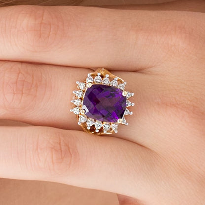 Cushion-Shaped Amethyst and 0.1 CT. TW Diamond Starburst Frame Ring in 10K Gold
