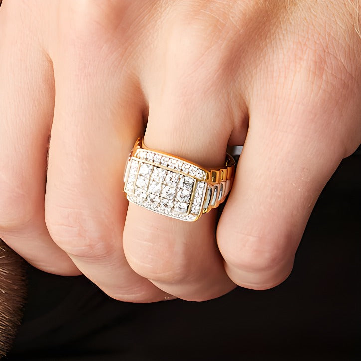 1.5 CT. TW Rectangle Multi-Diamond Ribbed Shank Ring in 10K Two-Tone Gold