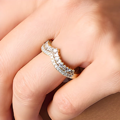0.63 CT. TW Baguette and Round Diamond Double Row Chevron Vintage-Style Anniversary Band in 14K Gold