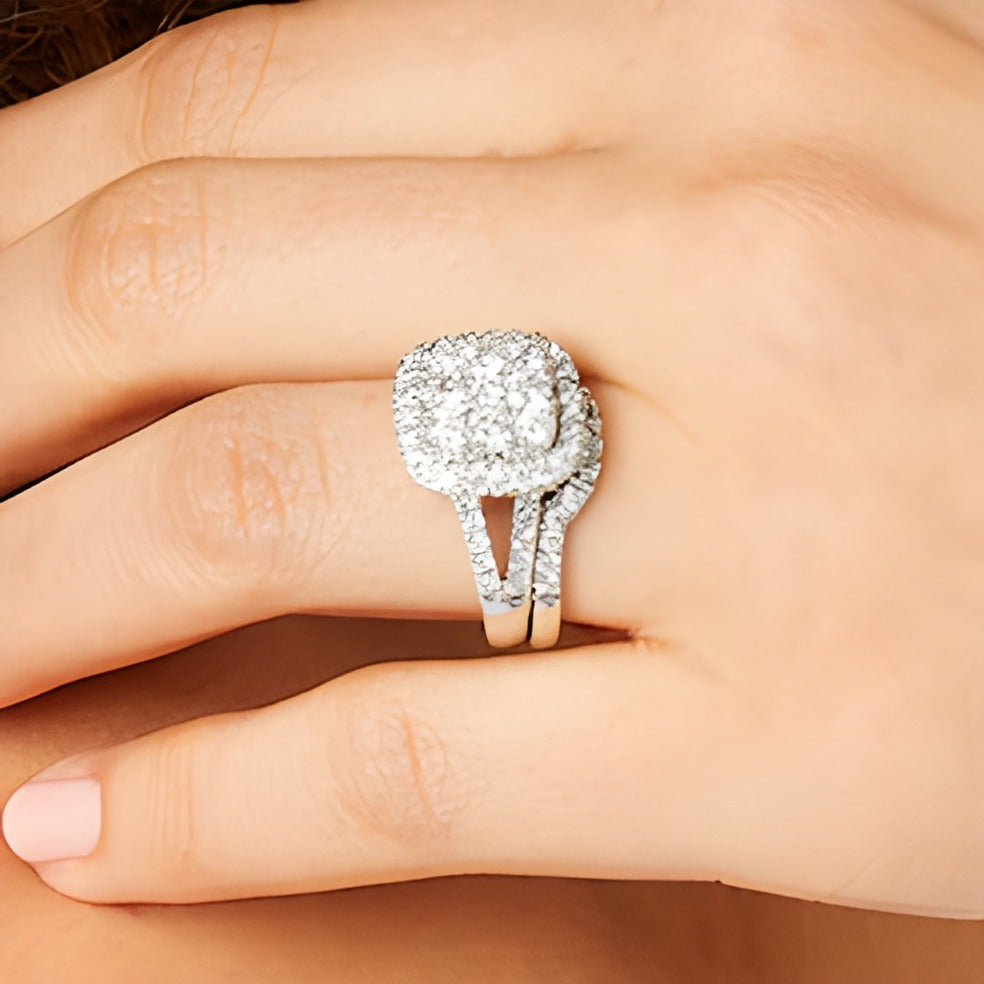 2.25 CT. TW Cushion-Shaped Multi-Diamond Frame Split Shank Bridal Set in 14K White Gold