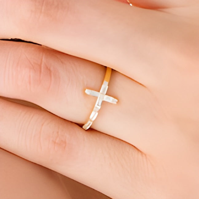 0.17 CT. TW Baguette and Round Diamond Sideways Cross Ring in 10K Gold