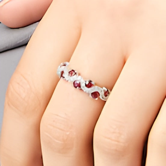 3.0mm Ruby and 0.17 CT. TW Diamond Staggered Wave Band in 14K White Gold