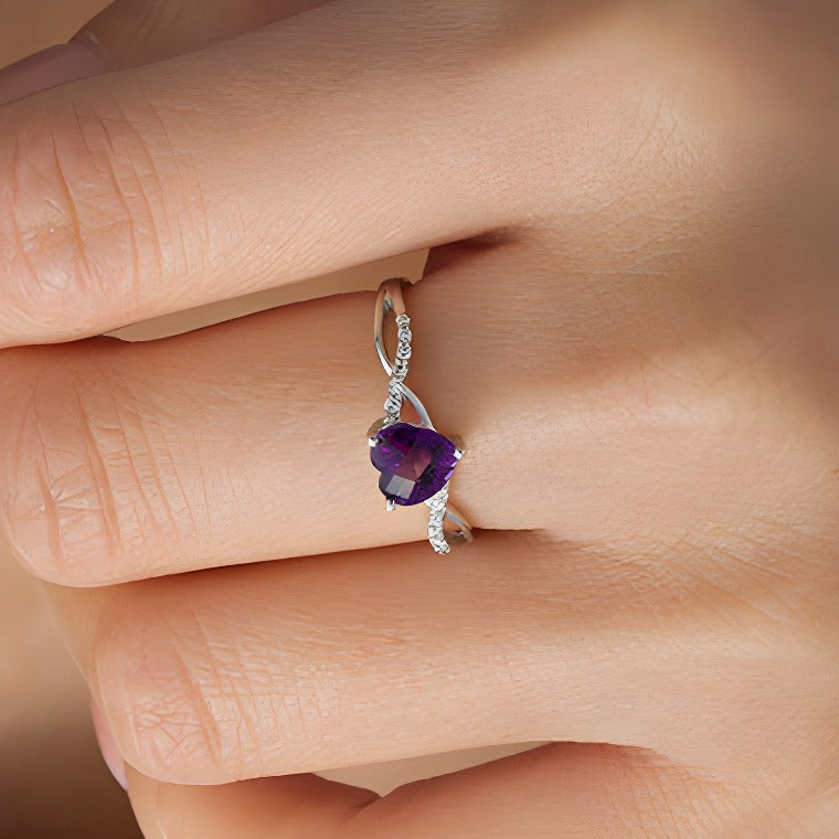 6.0mm Heart-Shaped Amethyst and 0.05 CT. TW Diamond Twist Shank Ring in 10K White Gold