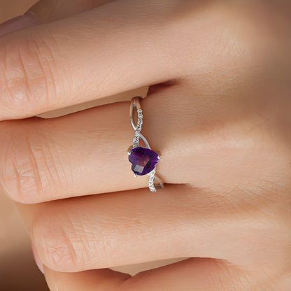 6.0mm Heart-Shaped Amethyst and 0.05 CT. TW Diamond Twist Shank Ring in 10K White Gold