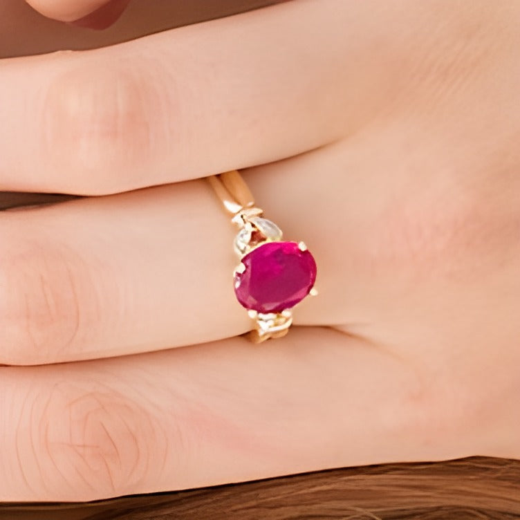 Oval Lab-Created Ruby and Diamond Accent Leaf Split Shank Ring in 10K Gold