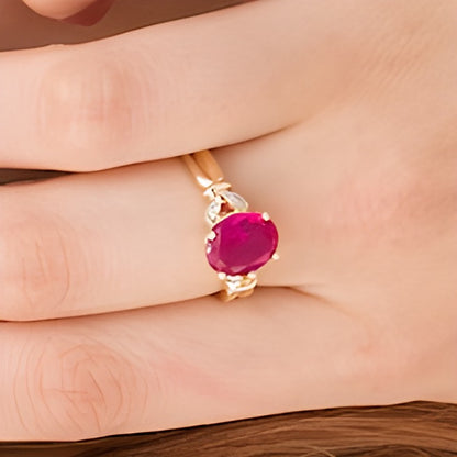 Oval Lab-Created Ruby and Diamond Accent Leaf Split Shank Ring in 10K Gold