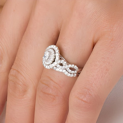 1.0 CT. TW Oval Diamond Double Frame Twist Shank Bridal Set in 14K White Gold