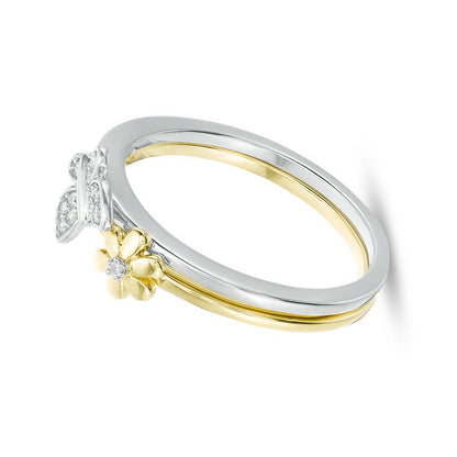 0.05 CT. TW Diamond Flower and Butterfly Two Piece Stackable Ring Set in 10K Two-Tone Gold
