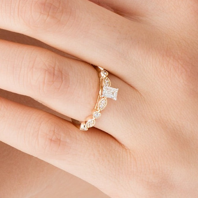 0.5 CT. TW Emerald-Cut Diamond with Marquise Shapes Vintage-Style Engagement Ring in 10K Gold