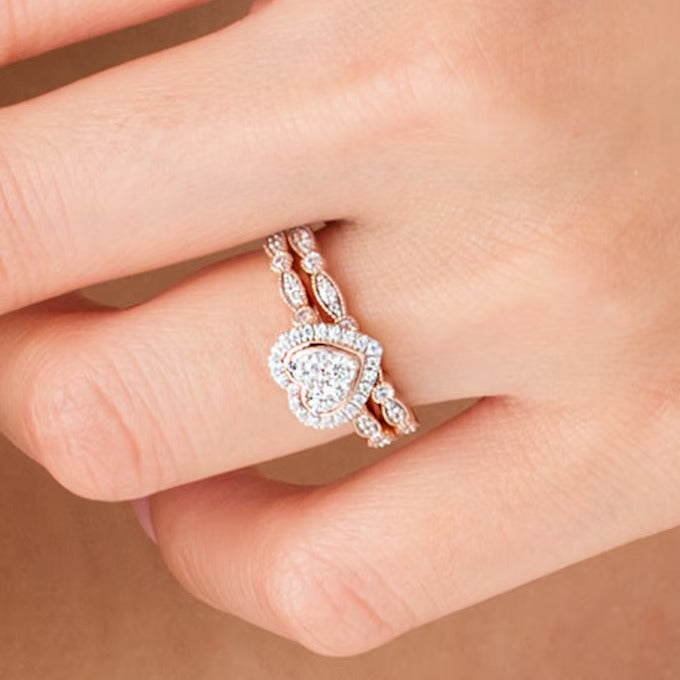 0.5 CT. TW Multi-Diamond Heart Frame Alternating Marquise Vintage-Style Bridal Set in 10K Rose Gold