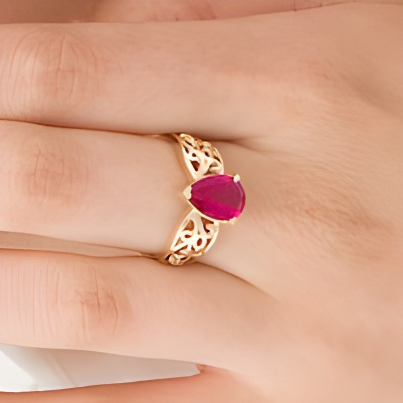 Pear-Shaped Lab-Created Ruby Wide Filigree Ring in 10K Gold
