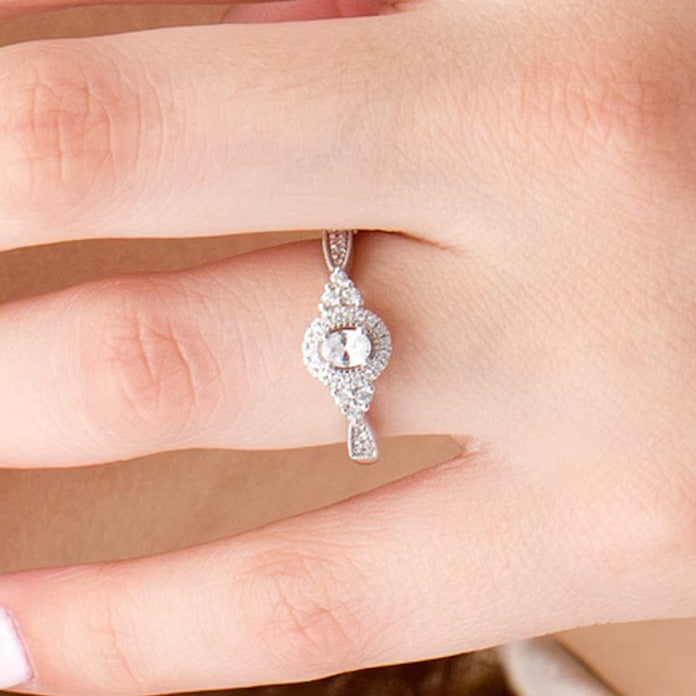 0.33 CT. TW Oval Diamond Frame Tri-Sides Vintage-Style Engagement Ring in 10K White Gold