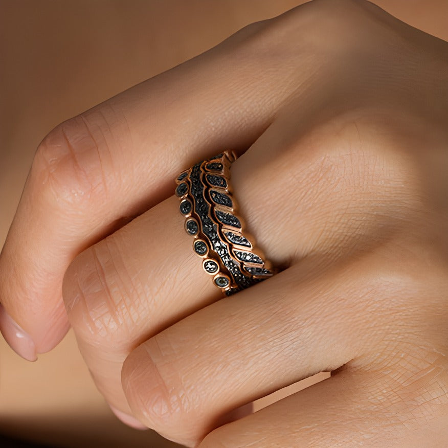 0.25 CT. TW Black Diamond Three Piece Stackable Band Set in Sterling Silver with 14K Rose Gold Plate