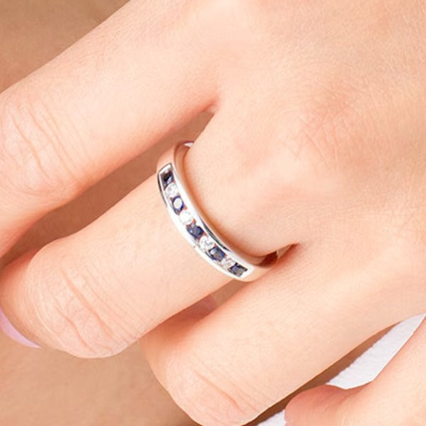Blue Sapphire and 0.13 CT. TW Diamond Channel-Set Alternating Band in 14K White Gold