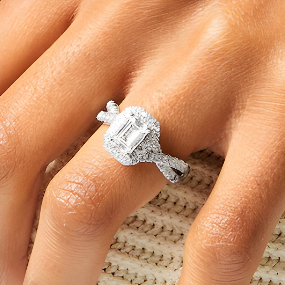 1.5 CT. TW Emerald-Cut Lab-Grown Diamond Frame Twist Shank Engagement Ring in 14K White Gold (F/VS2)