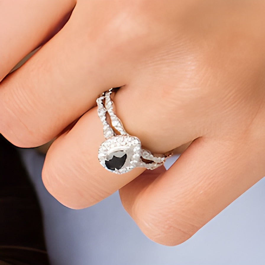 Pear-Shaped Black Sapphire and 0.75 CT. TW Diamond Frame Scallop Shank Vintage-Style Bridal Set in 10K White Gold